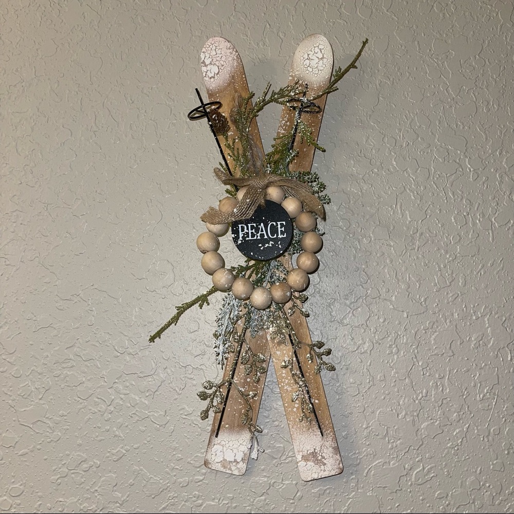 Wooden Skis with Christmas Ornaments